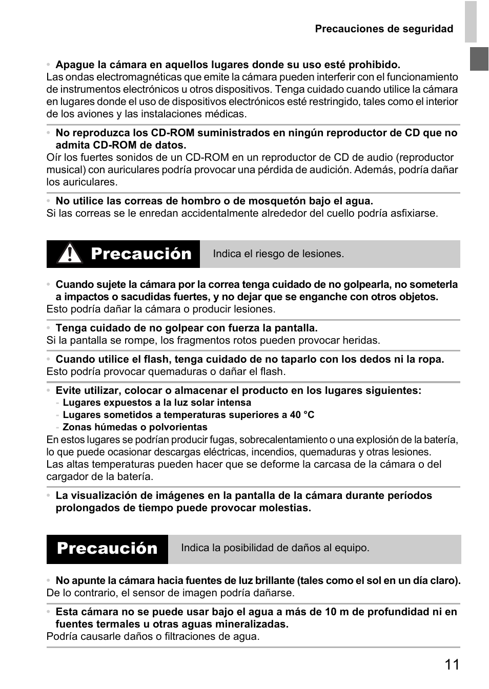 Precaución | Canon PowerShot D20 User Manual | Page 11 / 221