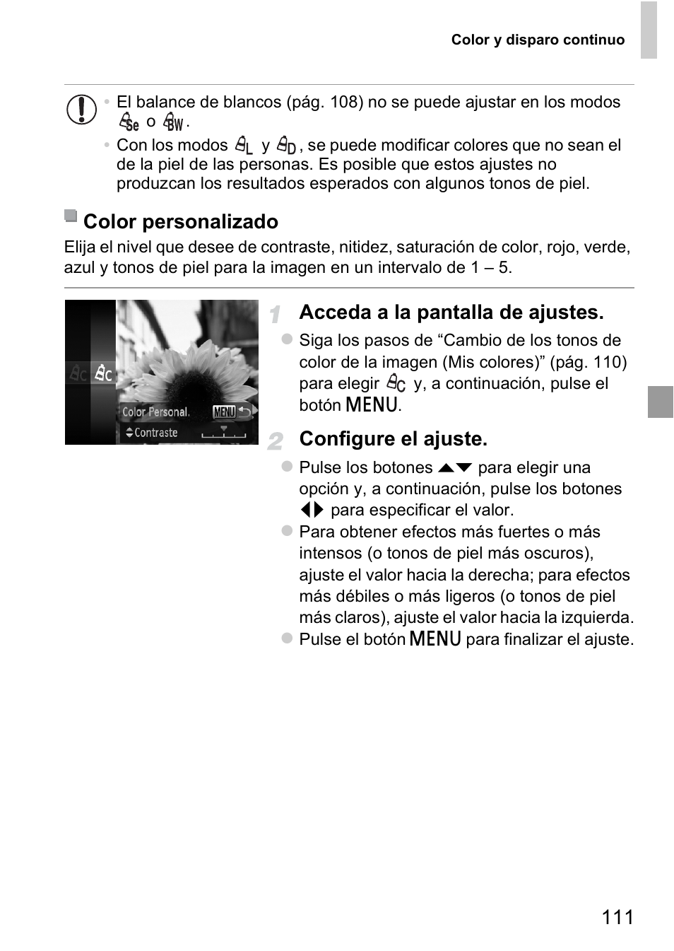 Acceda a la pantalla de ajustes, Configure el ajuste, Color personalizado | Canon PowerShot D20 User Manual | Page 111 / 221