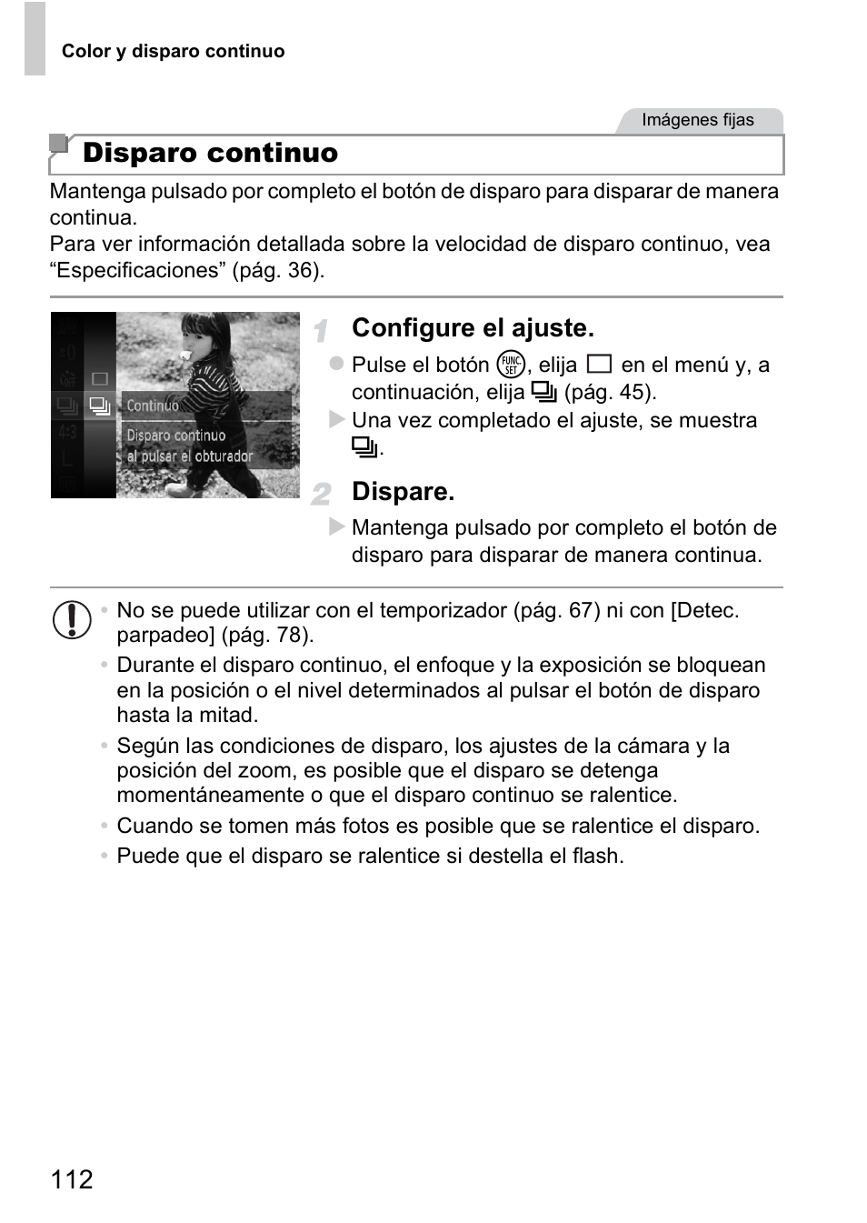Disparo continuo, Configure el ajuste, Dispare | Canon PowerShot D20 User Manual | Page 112 / 221