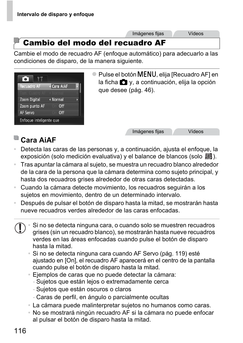 Pág. 116), Cambio del modo del recuadro af, Cara aiaf | Canon PowerShot D20 User Manual | Page 116 / 221