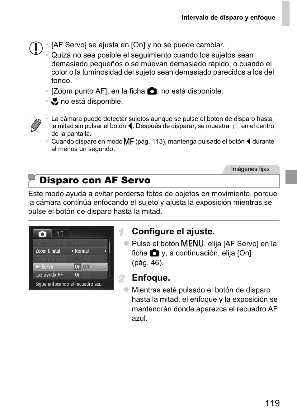 Disparo con af servo, Configure el ajuste, Enfoque | Canon PowerShot D20 User Manual | Page 119 / 221