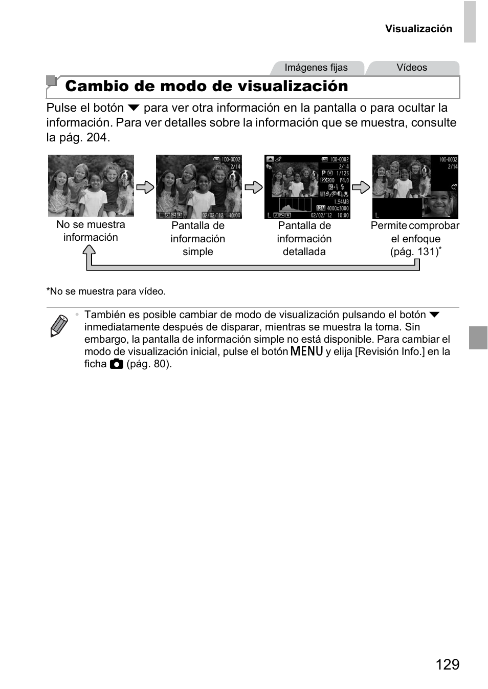 Cambio de modo de visualización | Canon PowerShot D20 User Manual | Page 129 / 221