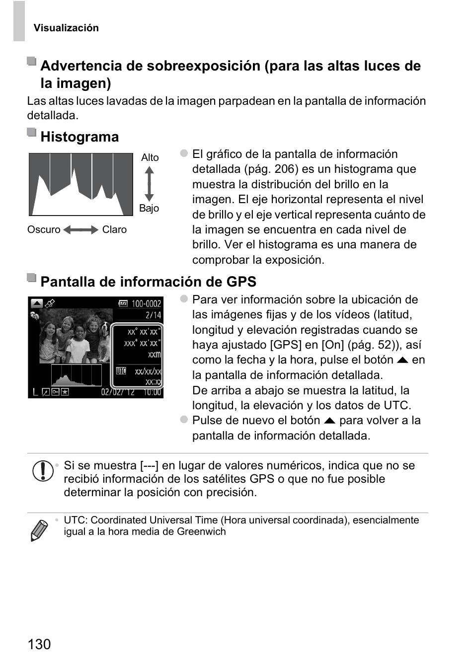 Mara (pág. 130), Pág. 130), Ma (pág. 130) en formato utc (pá | Ión (pág. 130), Pantalla de información de gps | Canon PowerShot D20 User Manual | Page 130 / 221