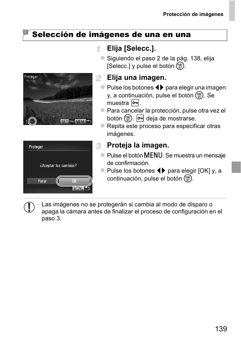 Selección de imágenes de una en una, 139 elija [selecc, Elija una imagen | Proteja la imagen | Canon PowerShot D20 User Manual | Page 139 / 221