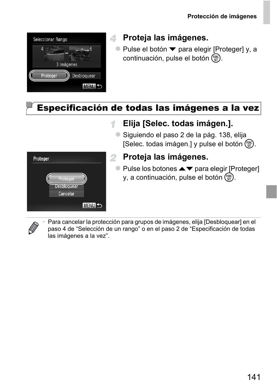 Especificación de todas las imágenes a la vez, 141 proteja las imágenes, Elija [selec. todas imágen | Proteja las imágenes | Canon PowerShot D20 User Manual | Page 141 / 221