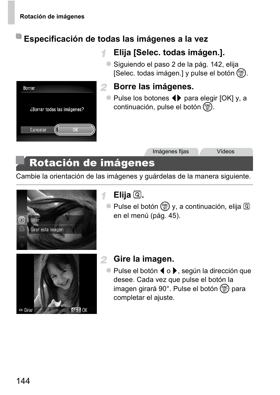 Rotación de imágenes, 144 elija [selec. todas imágen, Borre las imágenes | Elija, Gire la imagen, Especificación de todas las imágenes a la vez | Canon PowerShot D20 User Manual | Page 144 / 221