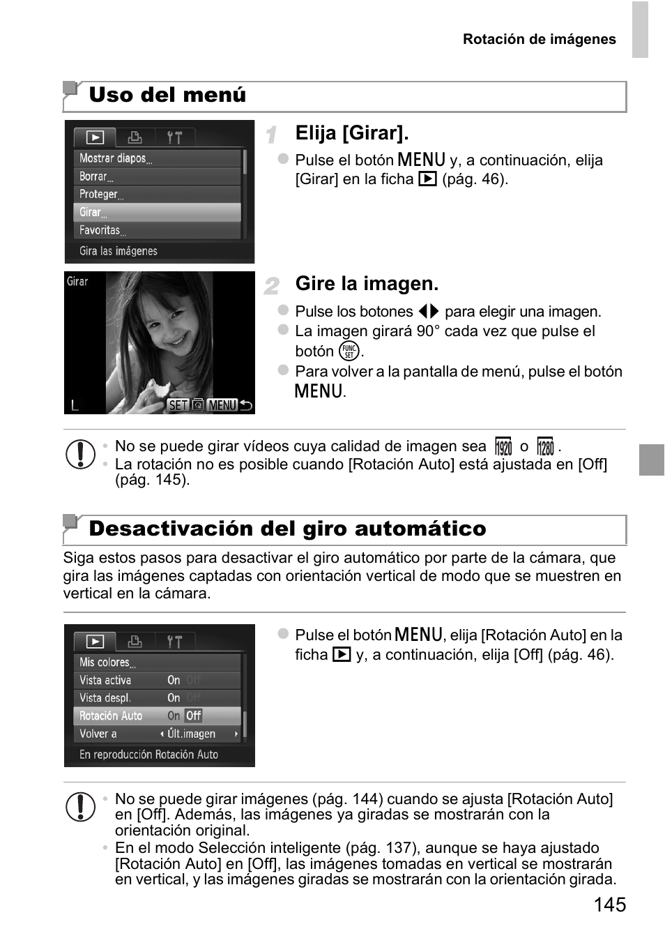 Uso del menú, Desactivación del giro automático, 145 elija [girar | Gire la imagen | Canon PowerShot D20 User Manual | Page 145 / 221