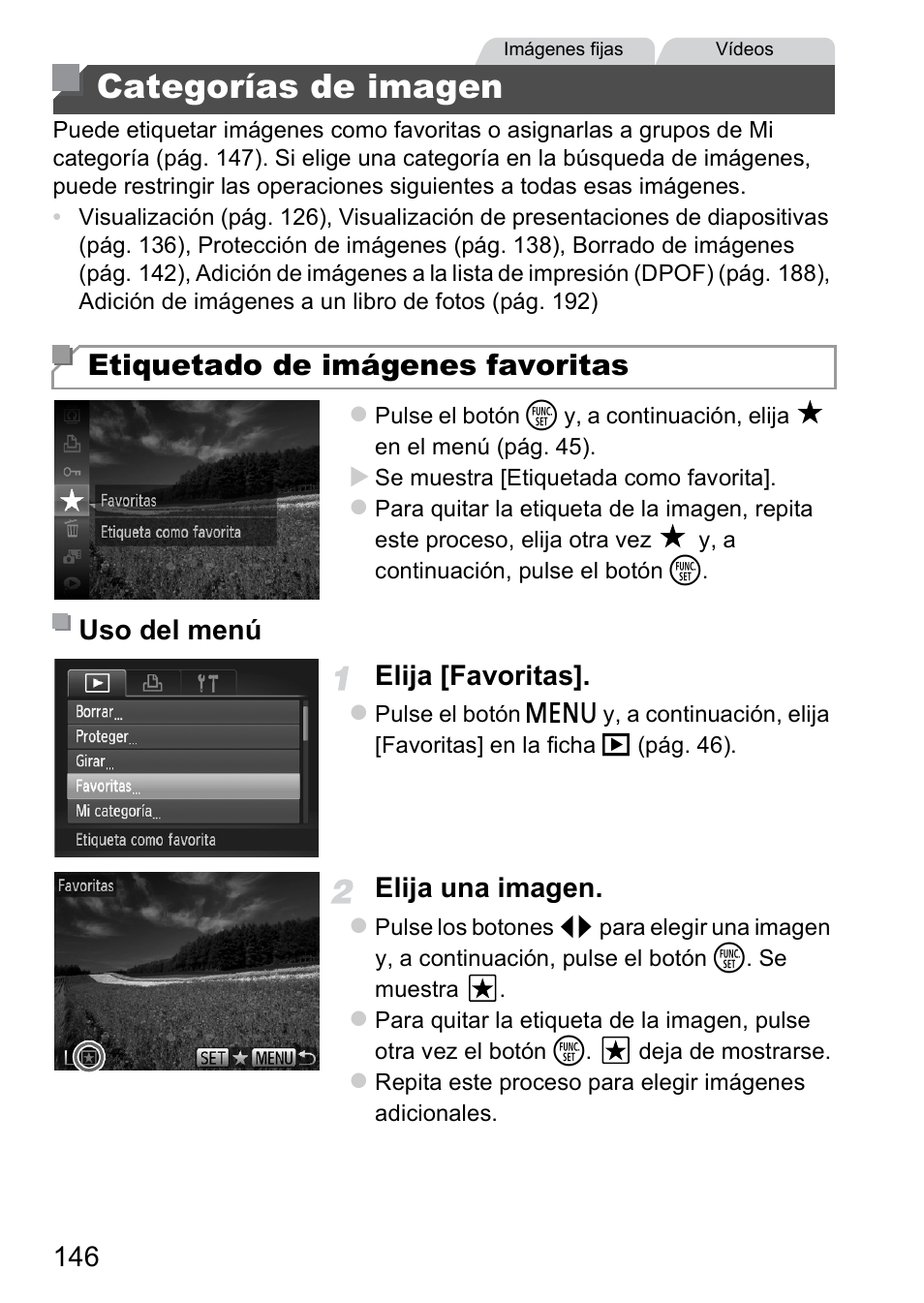 Categorías de imagen, S como favoritas (pág. 146), Etiquetado de imágenes favoritas | Elija [favoritas, Elija una imagen, Uso del menú | Canon PowerShot D20 User Manual | Page 146 / 221