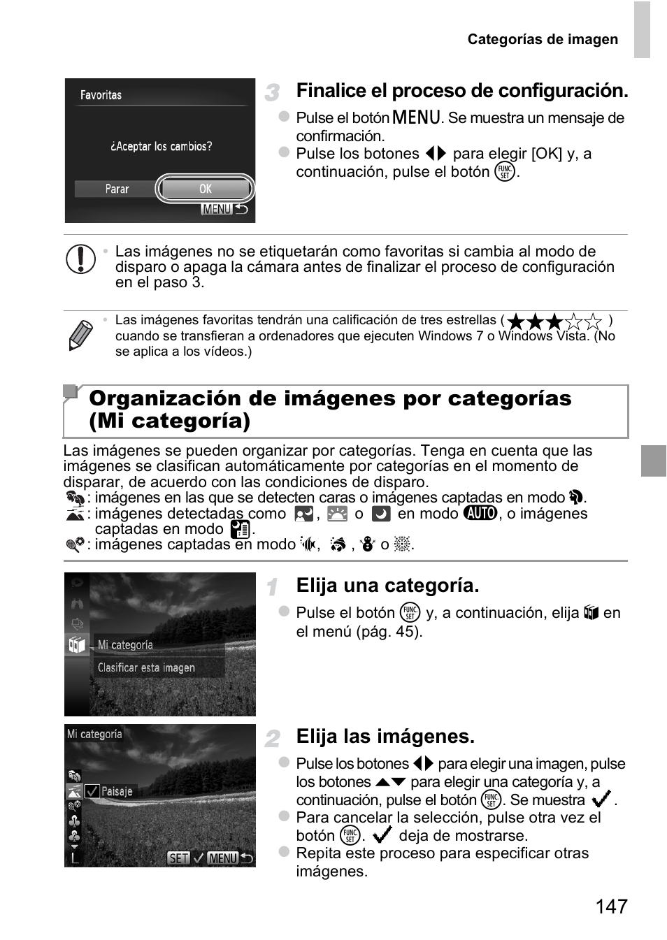 Tegoría específica (pág. 147), Pág. 147) o las edita, A (pág. 147) | 147 finalice el proceso de configuración, Elija una categoría, Elija las imágenes | Canon PowerShot D20 User Manual | Page 147 / 221