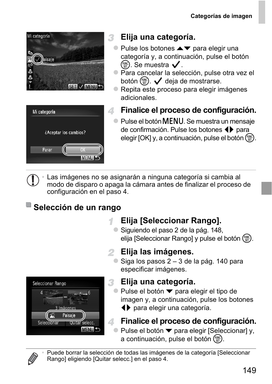 149 elija una categoría, Finalice el proceso de configuración, Elija [seleccionar rango | Elija las imágenes, Elija una categoría, Selección de un rango | Canon PowerShot D20 User Manual | Page 149 / 221