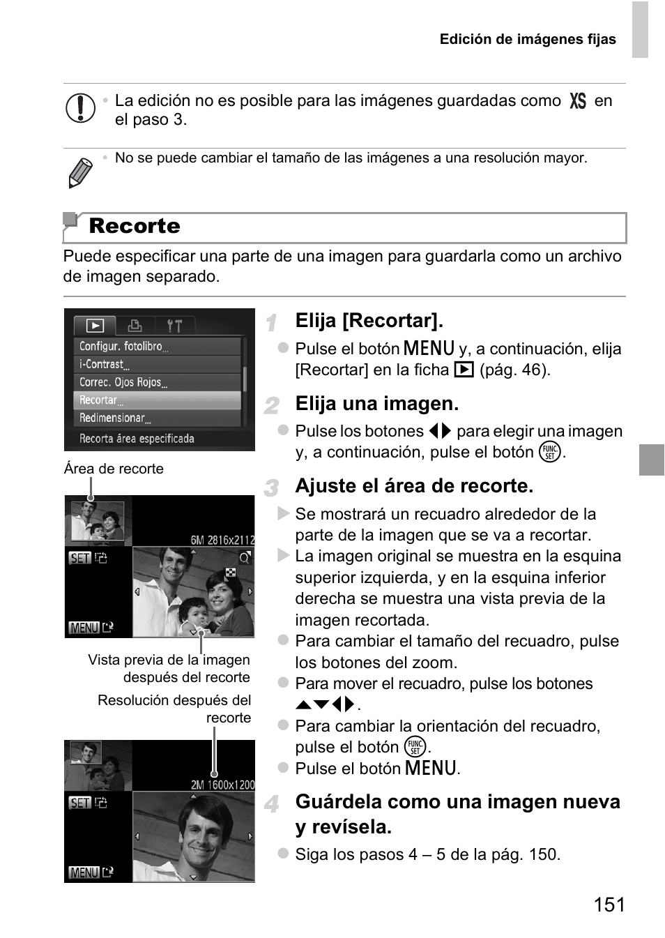 Recorte, Elija [recortar, Elija una imagen | Ajuste el área de recorte, Guárdela como una imagen nueva y revísela | Canon PowerShot D20 User Manual | Page 151 / 221