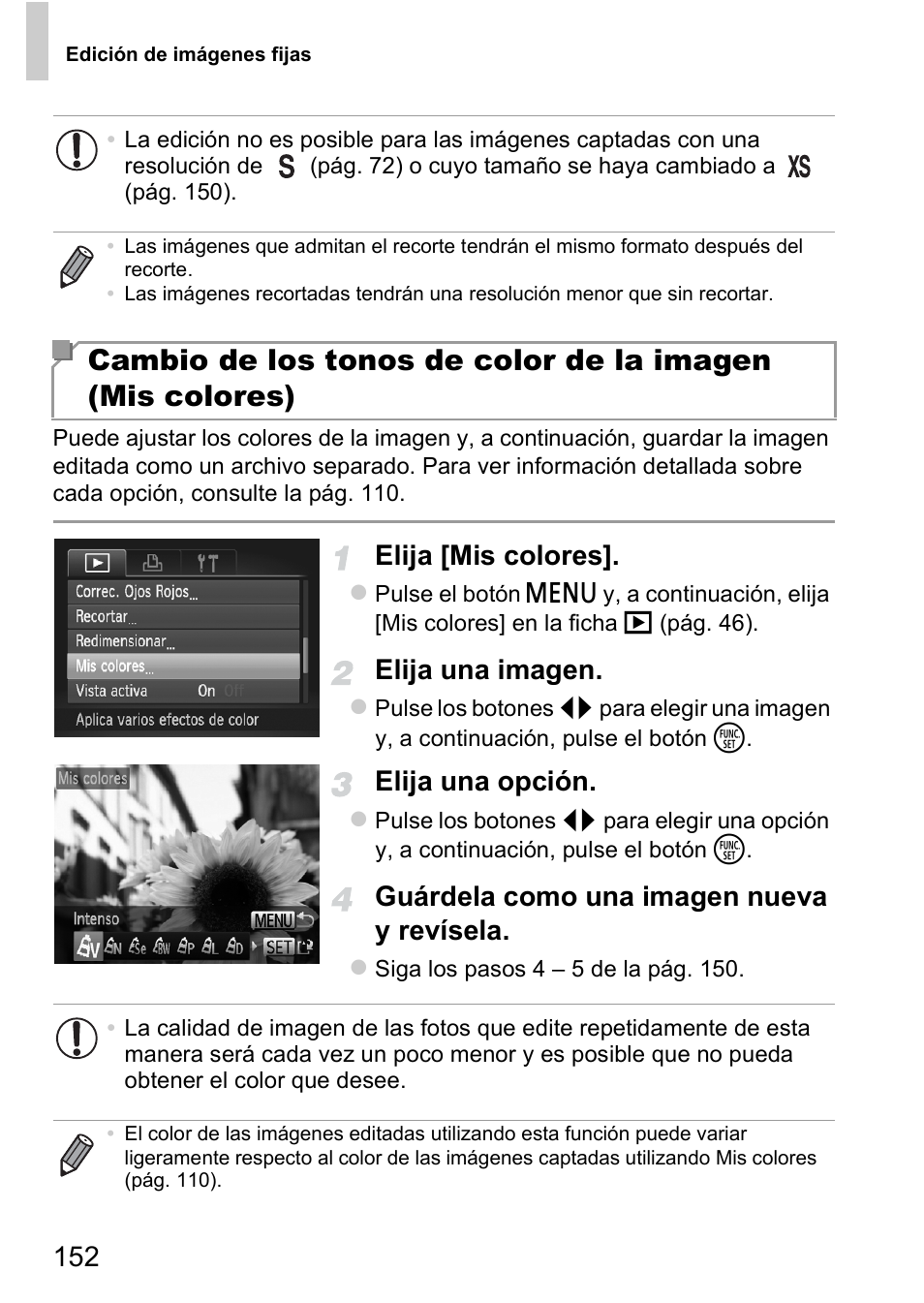 Elija [mis colores, Elija una imagen, Elija una opción | Guárdela como una imagen nueva y revísela | Canon PowerShot D20 User Manual | Page 152 / 221