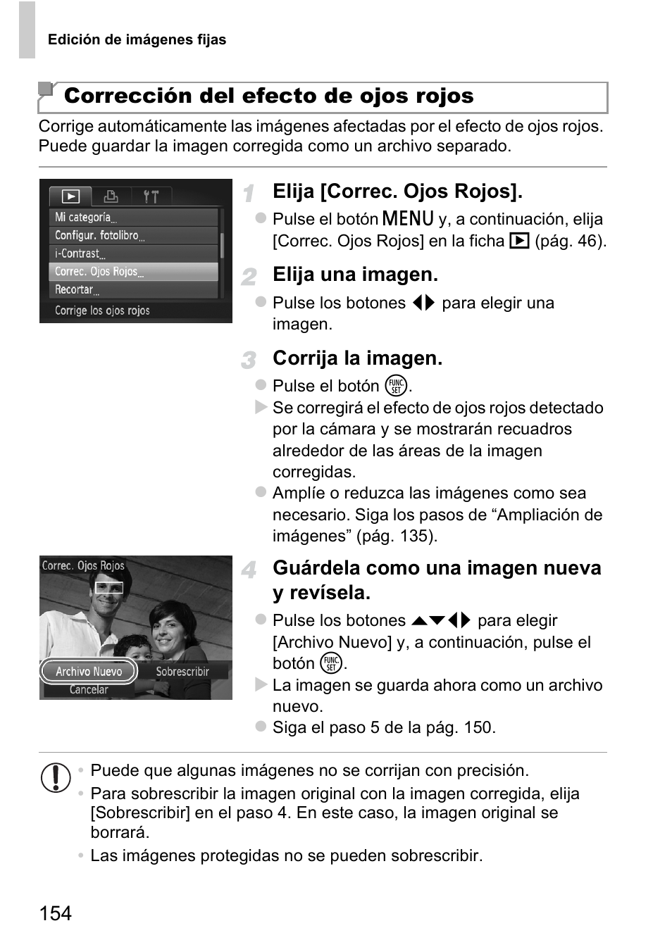 Corrección del efecto de ojos rojos, Elija [correc. ojos rojos, Elija una imagen | Corrija la imagen, Guárdela como una imagen nueva y revísela | Canon PowerShot D20 User Manual | Page 154 / 221