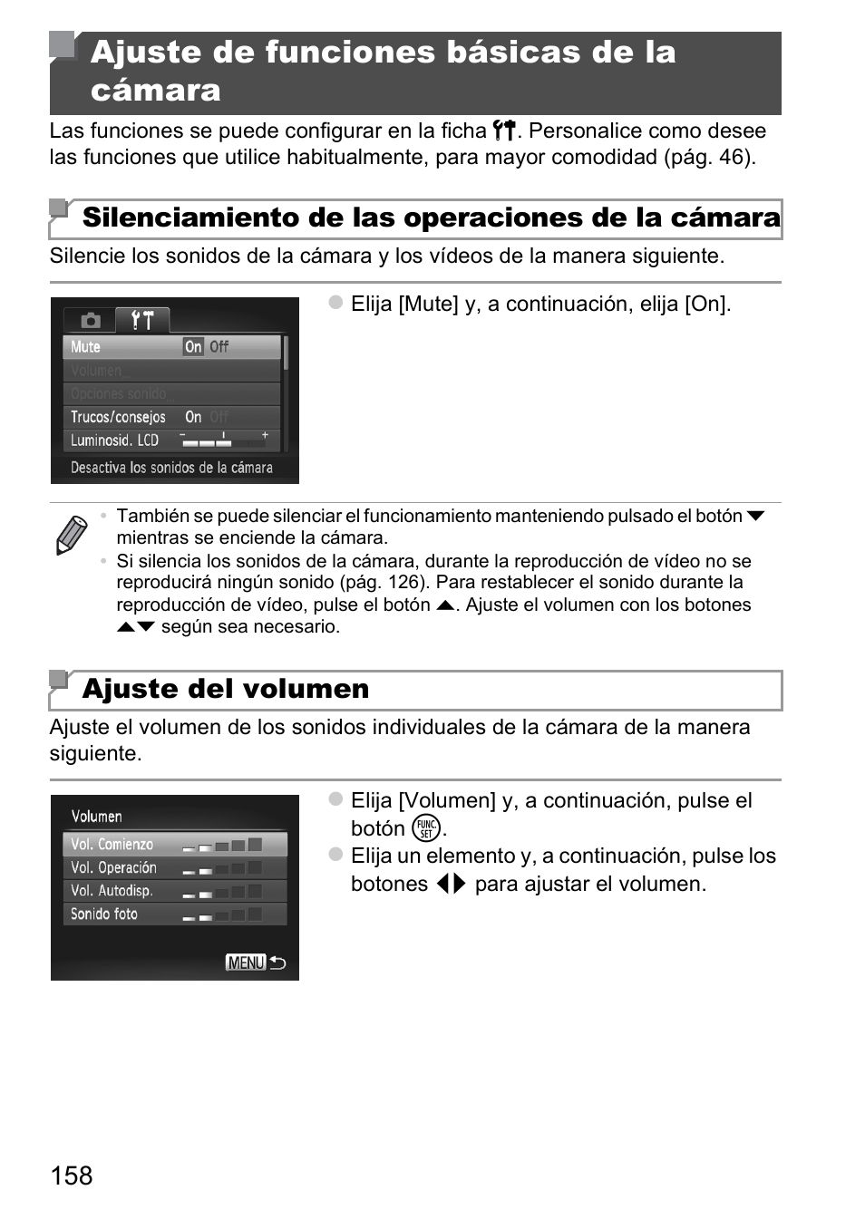 Ajuste de funciones básicas de la cámara, Ajuste de funciones básicas de, La cámara | Silenciamiento de las operaciones de la cámara, Ajuste del volumen | Canon PowerShot D20 User Manual | Page 158 / 221