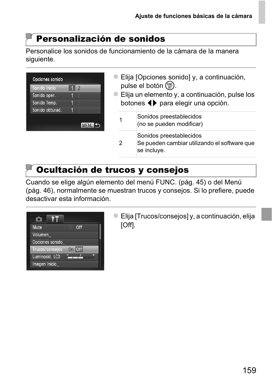 Ra o dispare el temporizador (pág. 159), Personalización de sonidos, Ocultación de trucos y consejos | Canon PowerShot D20 User Manual | Page 159 / 221