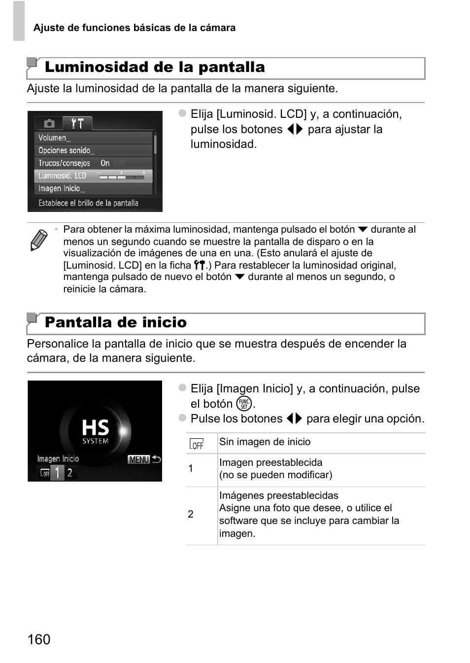 Luminosidad de la pantalla, Pantalla de inicio | Canon PowerShot D20 User Manual | Page 160 / 221