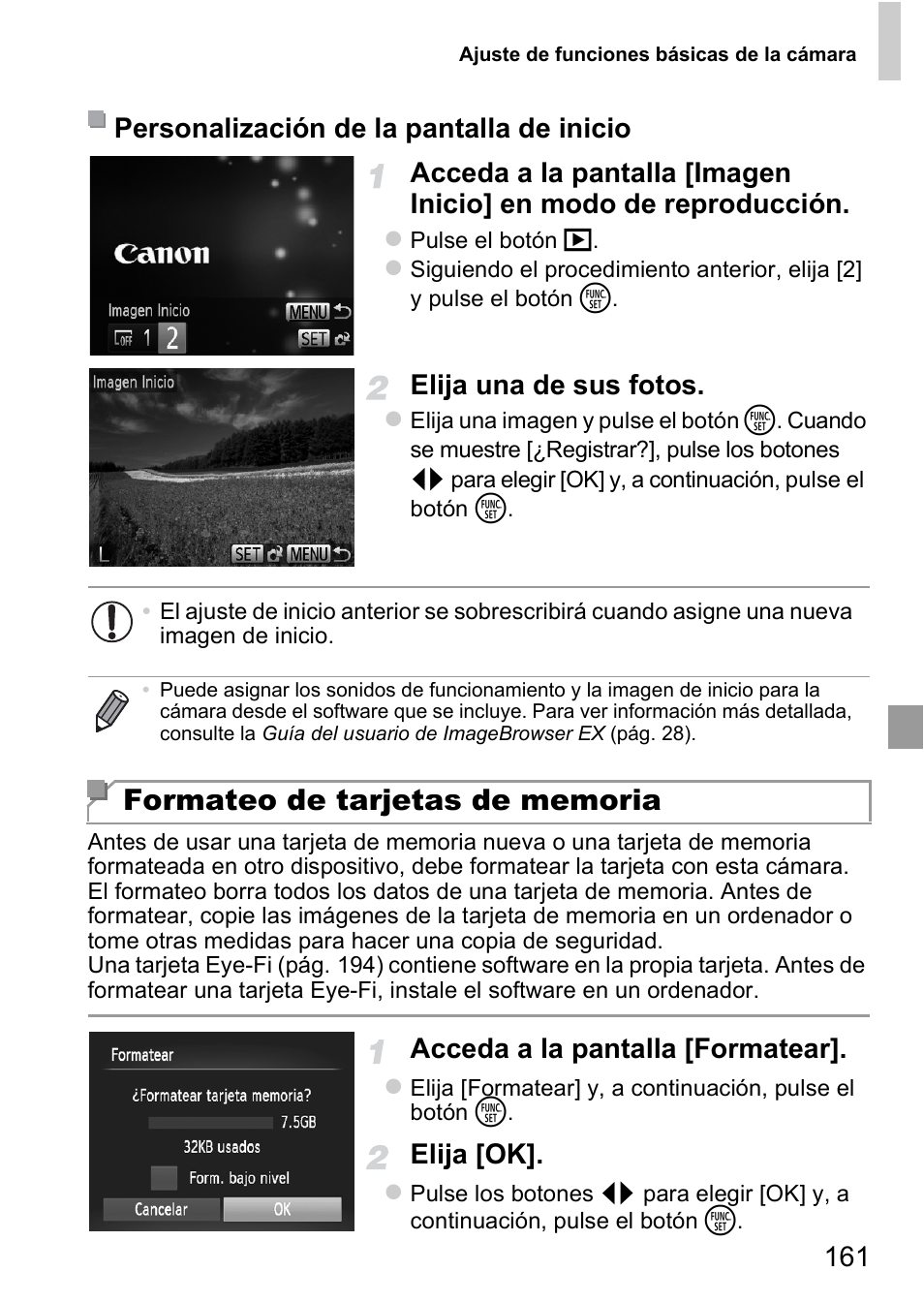 A (págs. 161, Elija una de sus fotos, Acceda a la pantalla [formatear | Elija [ok, Personalización de la pantalla de inicio | Canon PowerShot D20 User Manual | Page 161 / 221