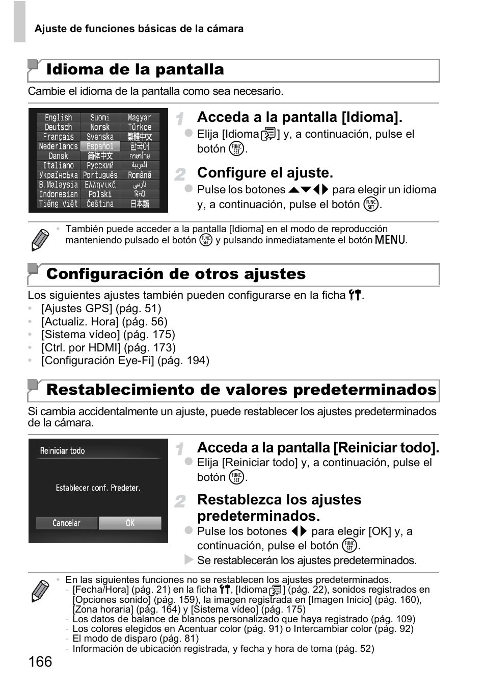 Idioma de la pantalla, Acceda a la pantalla [idioma, Configure el ajuste | Acceda a la pantalla [reiniciar todo, Restablezca los ajustes predeterminados | Canon PowerShot D20 User Manual | Page 166 / 221