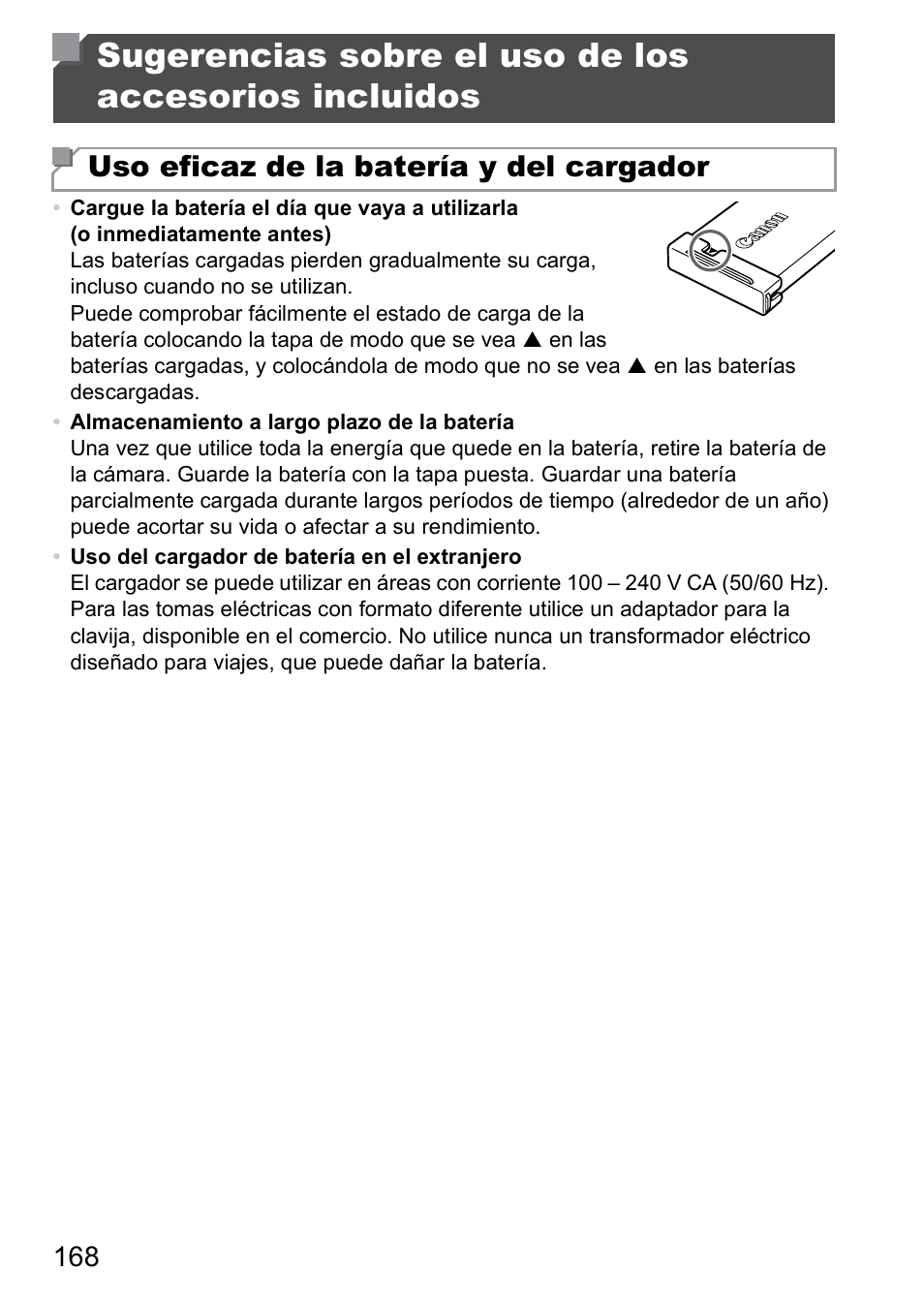 Sugerencias sobre el uso de los, Accesorios incluidos, Uso eficaz de la batería y del cargador | Canon PowerShot D20 User Manual | Page 168 / 221