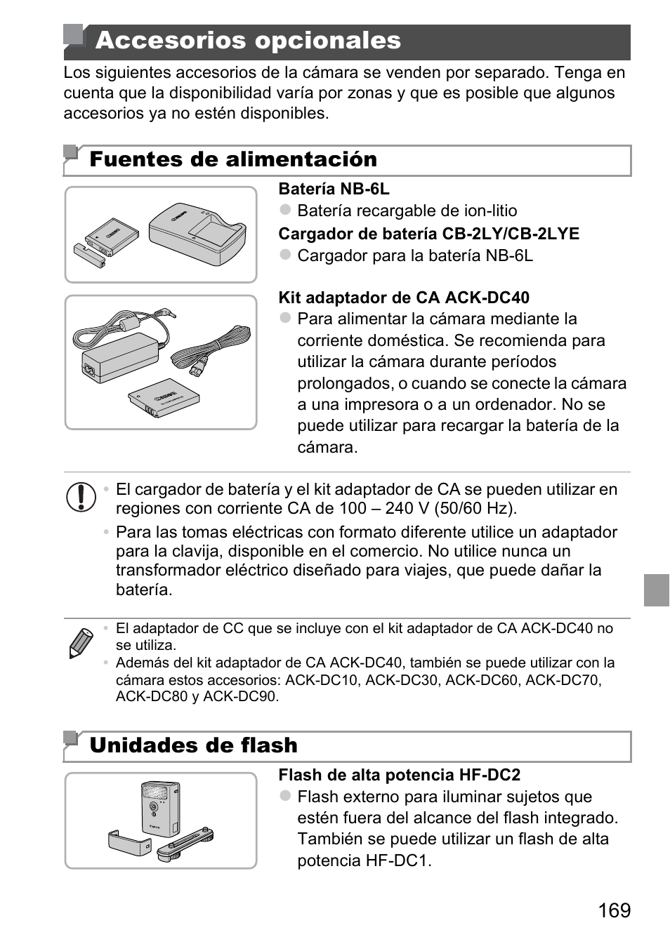 Accesorios opcionales, Separado, pág. 169), Fuentes de alimentación | Unidades de flash | Canon PowerShot D20 User Manual | Page 169 / 221