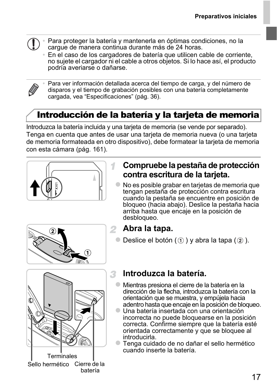 Pág. 17, Abra la tapa, Introduzca la batería | Canon PowerShot D20 User Manual | Page 17 / 221