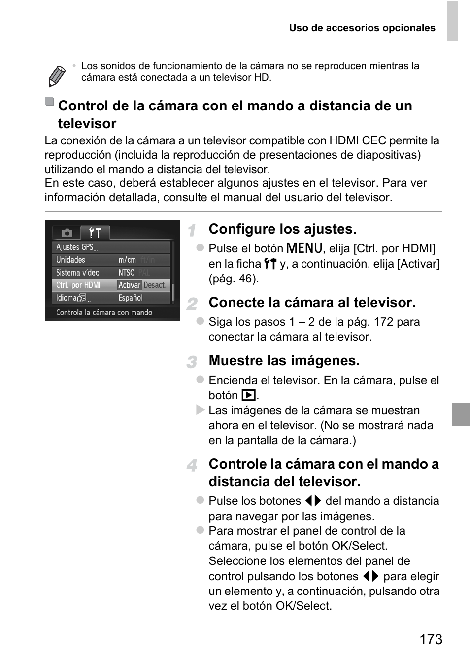 Pág. 173, Configure los ajustes, Conecte la cámara al televisor | Muestre las imágenes | Canon PowerShot D20 User Manual | Page 173 / 221