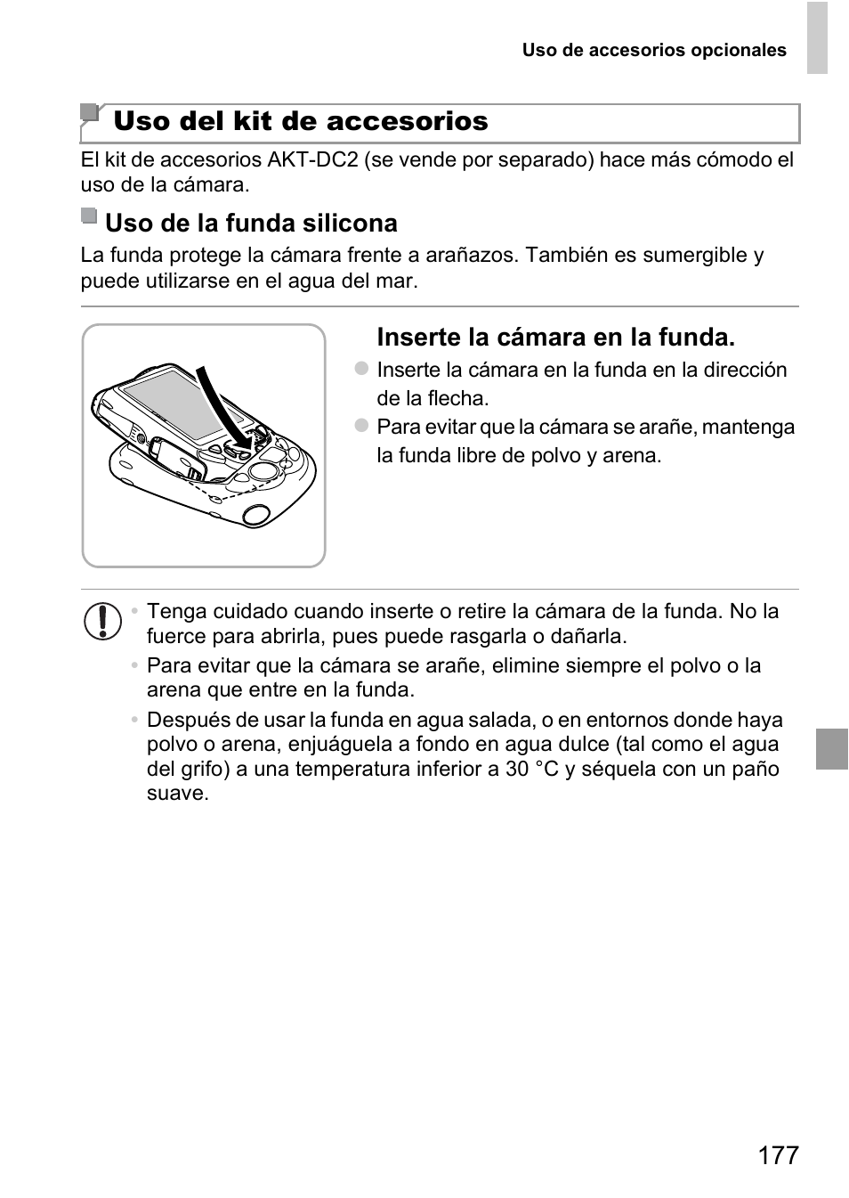 Uso del kit de accesorios, Inserte la cámara en la funda, Uso de la funda silicona | Canon PowerShot D20 User Manual | Page 177 / 221