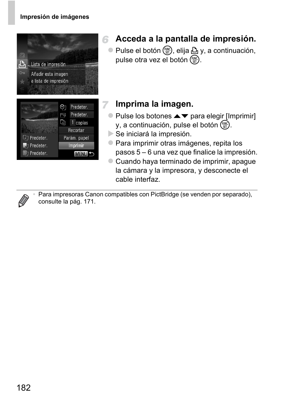 182 acceda a la pantalla de impresión, Imprima la imagen | Canon PowerShot D20 User Manual | Page 182 / 221