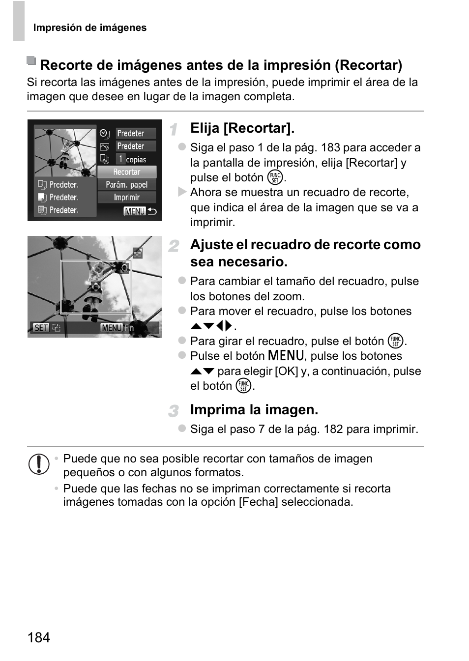 Elija [recortar, Ajuste el recuadro de recorte como sea necesario, Imprima la imagen | Canon PowerShot D20 User Manual | Page 184 / 221