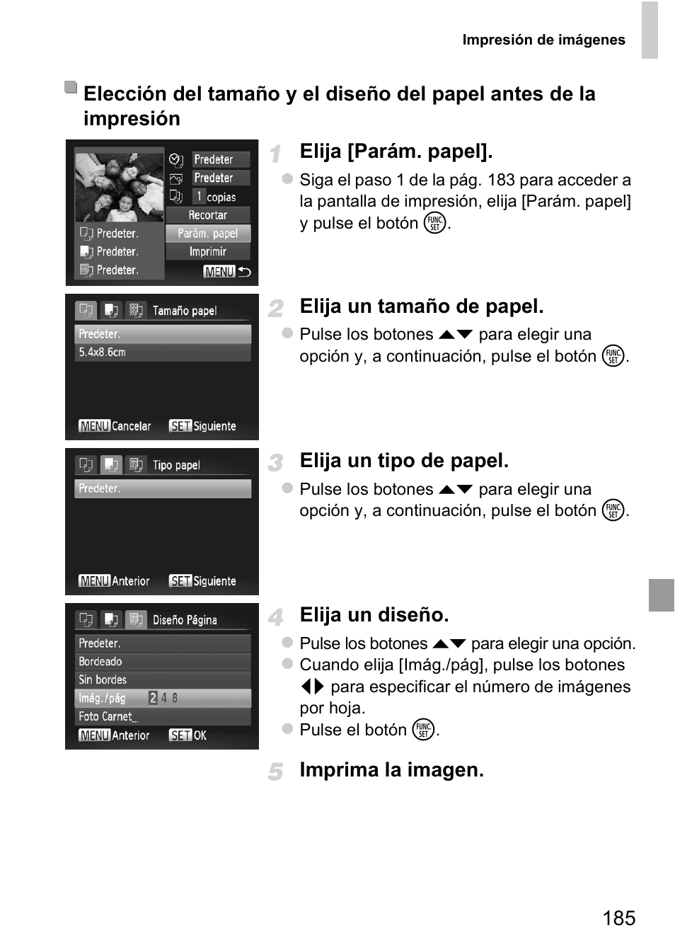 185 elija [parám. papel, Elija un tamaño de papel, Elija un tipo de papel | Elija un diseño | Canon PowerShot D20 User Manual | Page 185 / 221