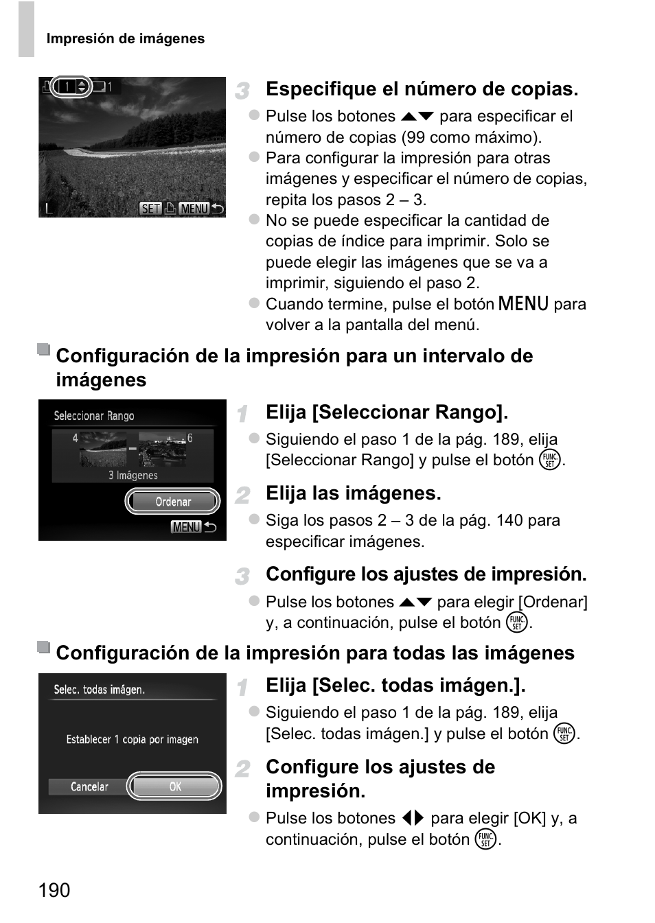 190 especifique el número de copias, Elija [seleccionar rango, Elija las imágenes | Configure los ajustes de impresión, Elija [selec. todas imágen | Canon PowerShot D20 User Manual | Page 190 / 221