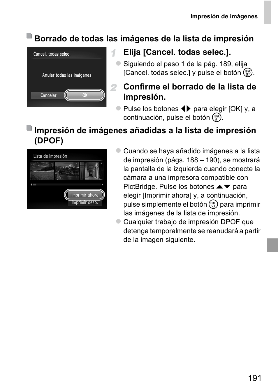 191 elija [cancel. todas selec, Confirme el borrado de la lista de impresión | Canon PowerShot D20 User Manual | Page 191 / 221