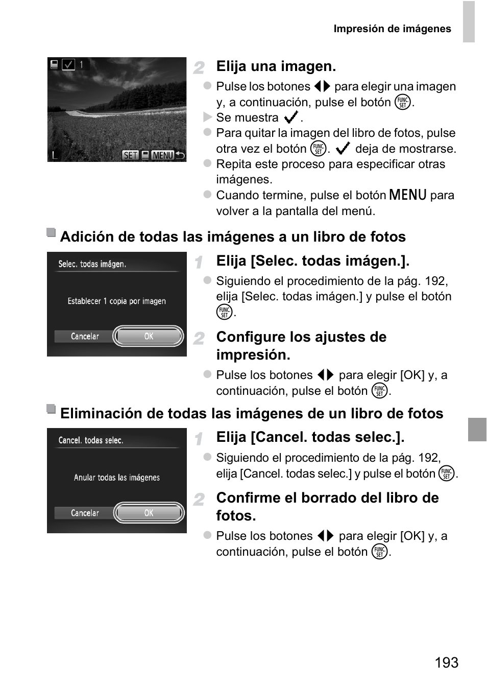 193 elija una imagen, Elija [selec. todas imágen, Configure los ajustes de impresión | Elija [cancel. todas selec, Confirme el borrado del libro de fotos | Canon PowerShot D20 User Manual | Page 193 / 221