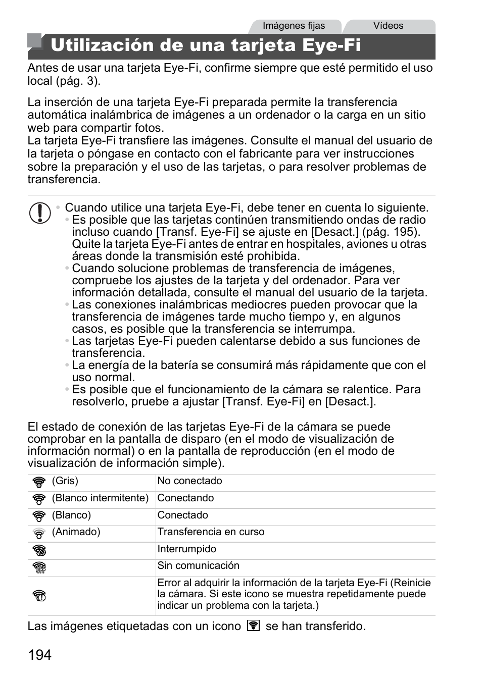 Utilización de una tarjeta eye-fi, Pág. 194 | Canon PowerShot D20 User Manual | Page 194 / 221