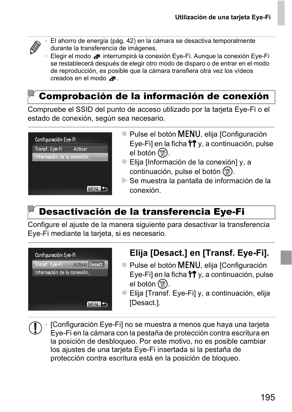 Elija [desact.] en [transf. eye-fi | Canon PowerShot D20 User Manual | Page 195 / 221