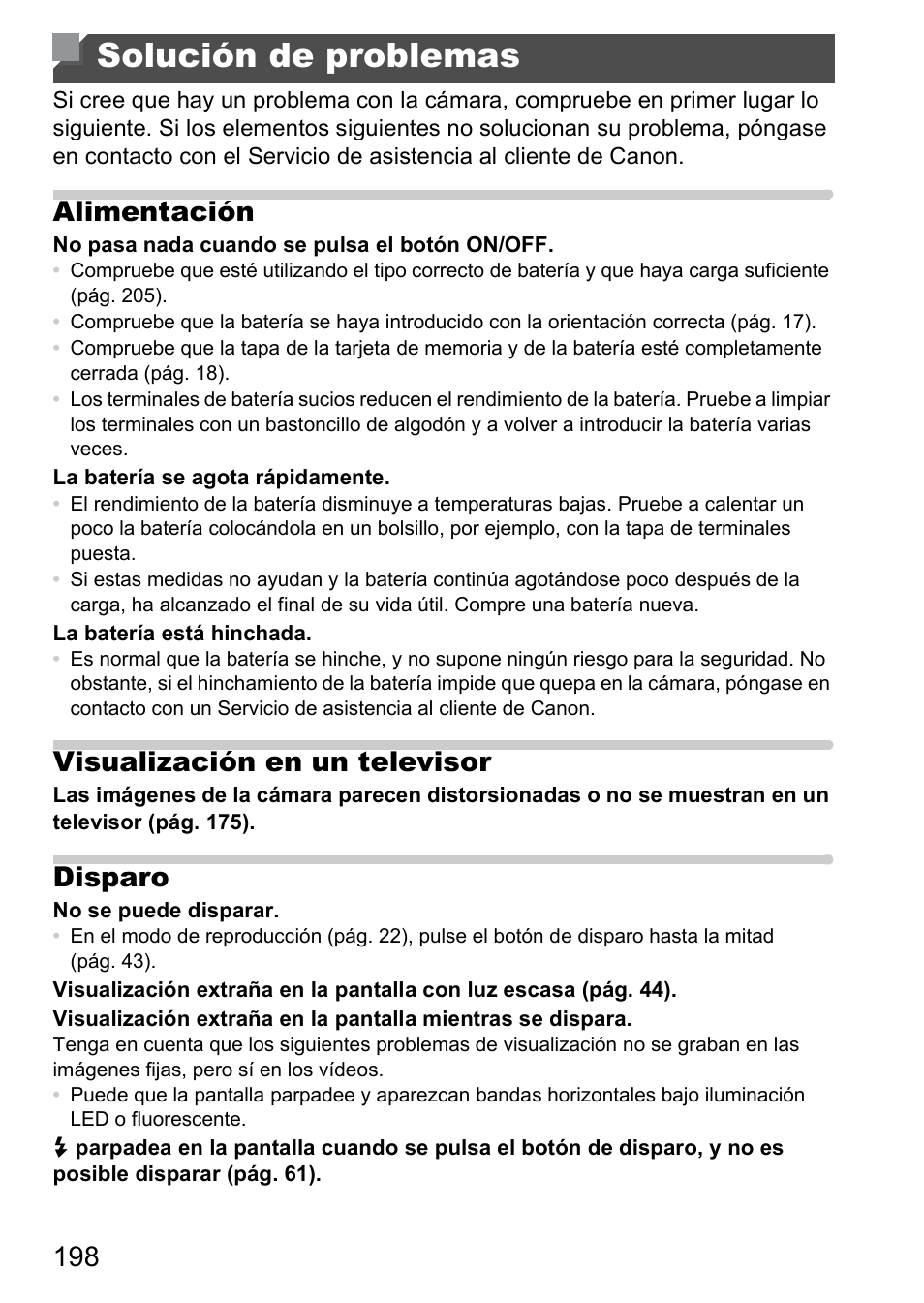 Solución de problemas, Alimentación, Visualización en un televisor | Disparo | Canon PowerShot D20 User Manual | Page 198 / 221