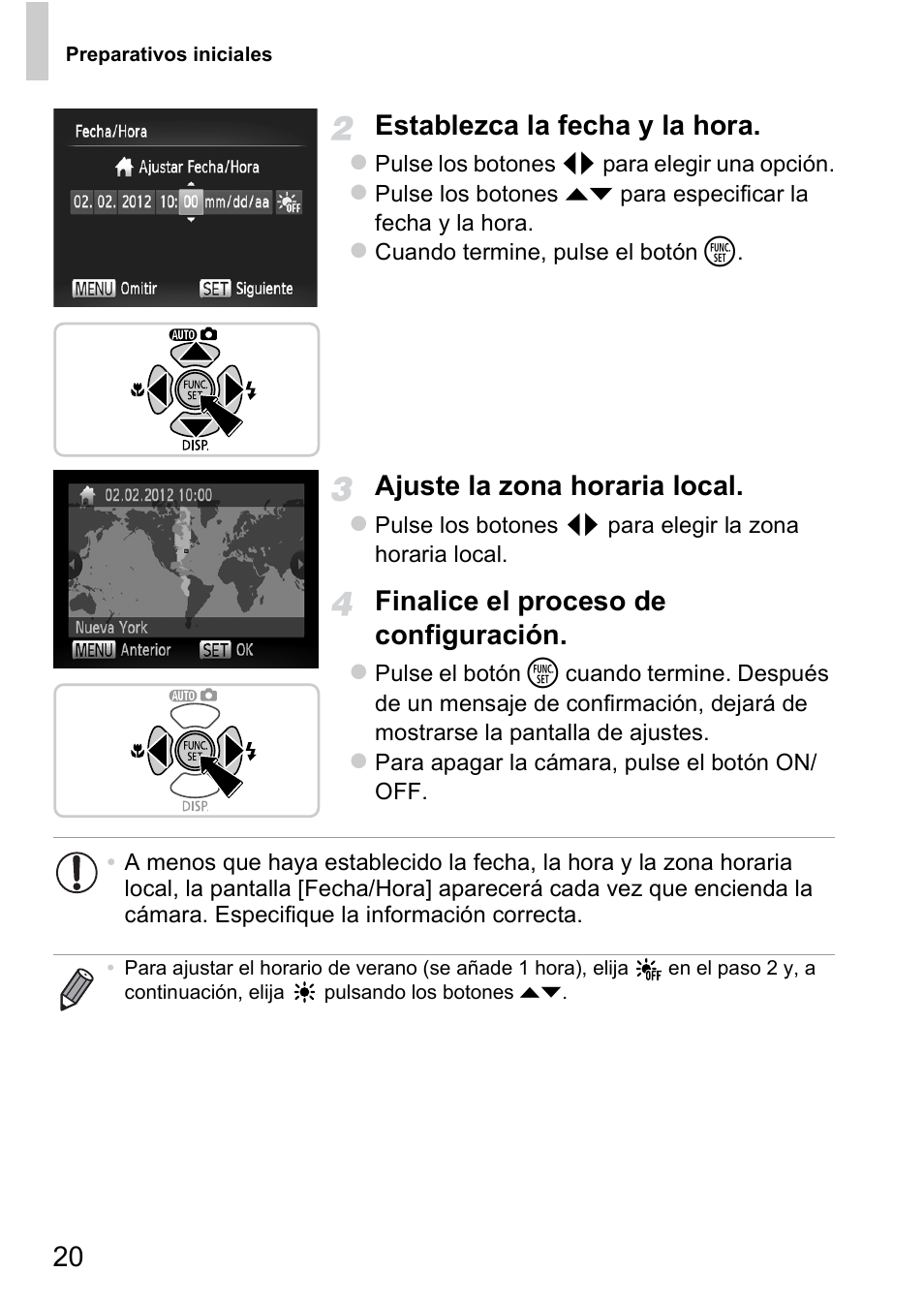 20 establezca la fecha y la hora, Ajuste la zona horaria local, Finalice el proceso de configuración | Canon PowerShot D20 User Manual | Page 20 / 221