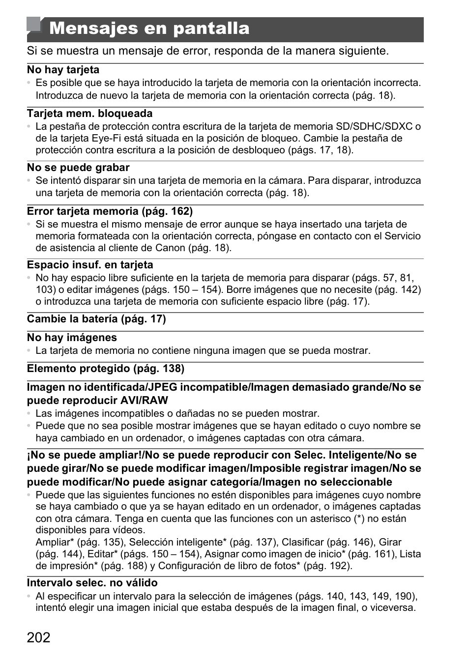 Mensajes en pantalla | Canon PowerShot D20 User Manual | Page 202 / 221