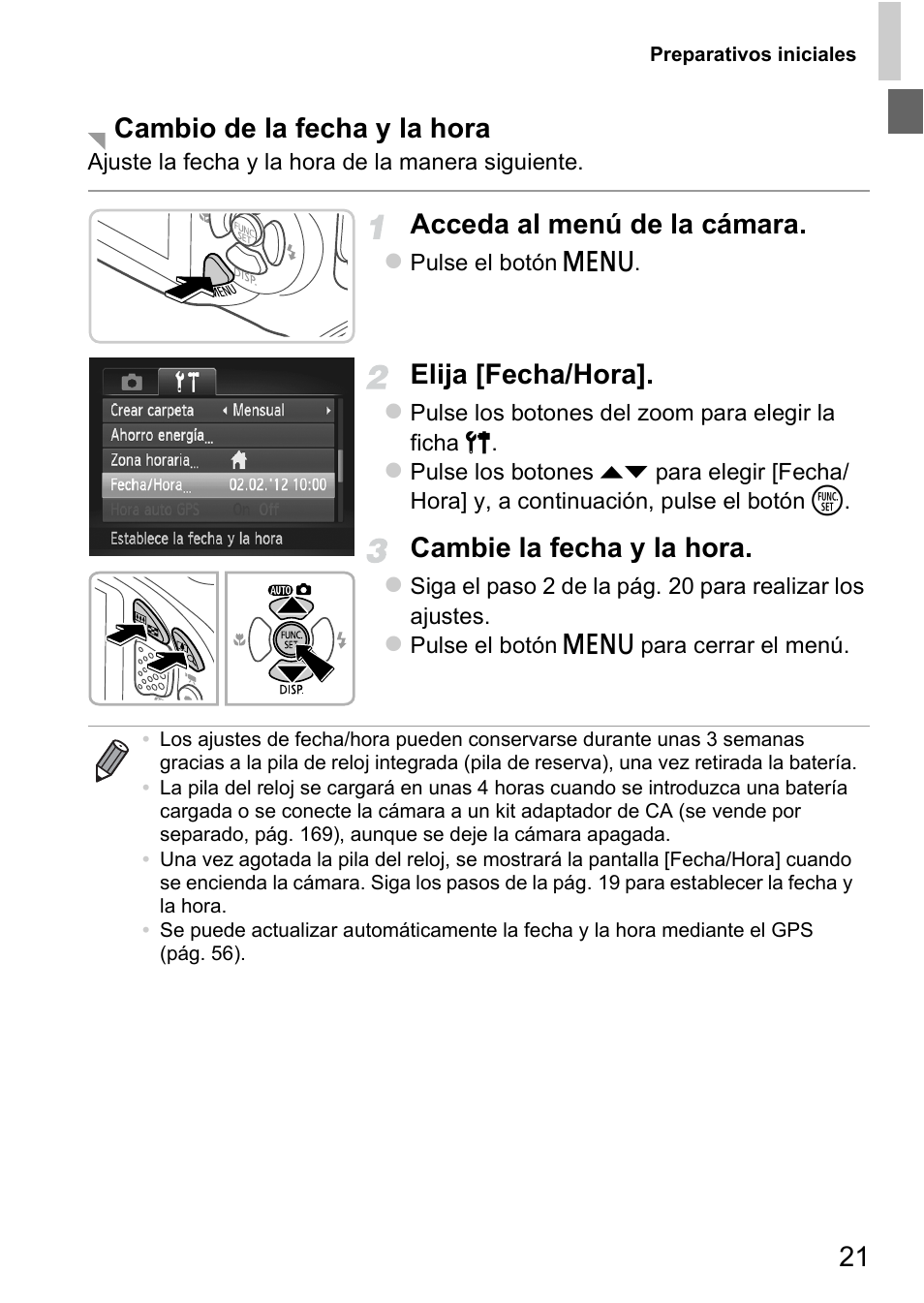 Acceda al menú de la cámara, Elija [fecha/hora, Cambie la fecha y la hora | Cambio de la fecha y la hora | Canon PowerShot D20 User Manual | Page 21 / 221