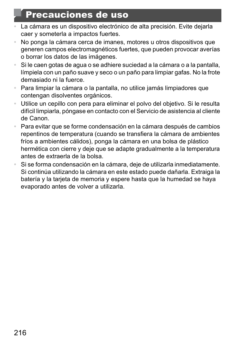 Precauciones de uso | Canon PowerShot D20 User Manual | Page 216 / 221