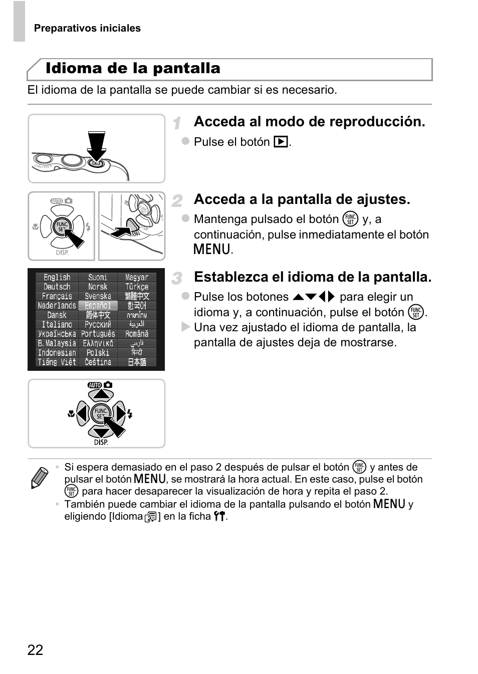 Idioma de la pantalla, Acceda al modo de reproducción, Acceda a la pantalla de ajustes | Establezca el idioma de la pantalla | Canon PowerShot D20 User Manual | Page 22 / 221