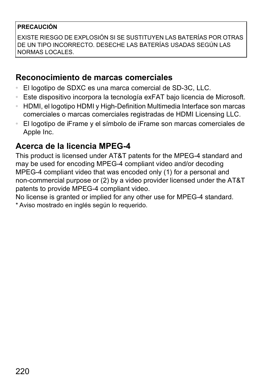 220 reconocimiento de marcas comerciales, Acerca de la licencia mpeg-4 | Canon PowerShot D20 User Manual | Page 220 / 221