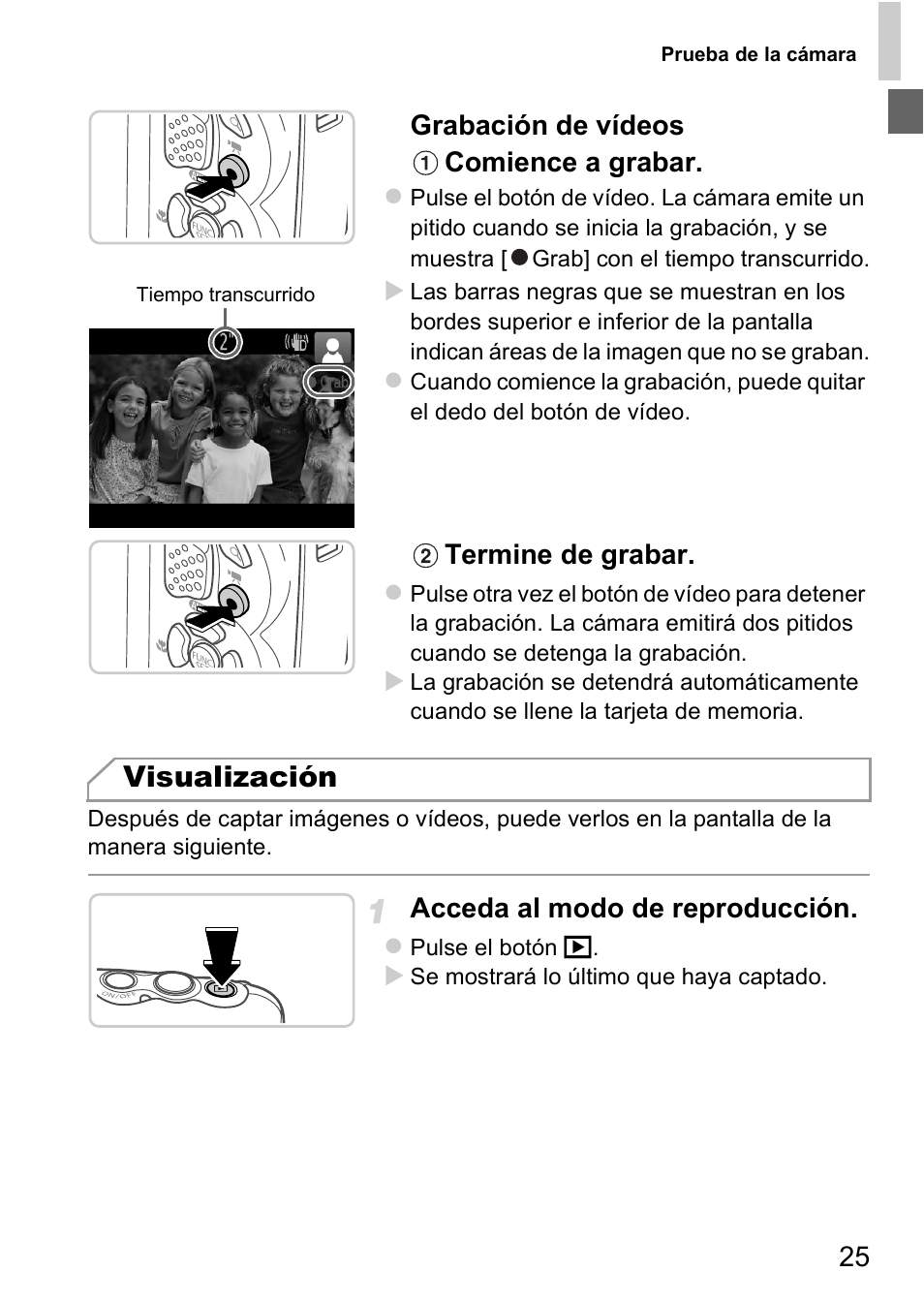 Visualización, 25 grabación de vídeos comience a grabar, Termine de grabar | Acceda al modo de reproducción | Canon PowerShot D20 User Manual | Page 25 / 221