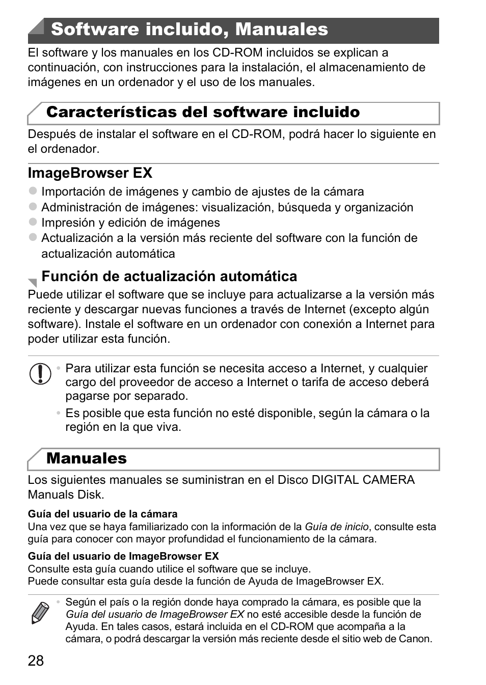 Software incluido, manuales, Características del software incluido, Manuales | Canon PowerShot D20 User Manual | Page 28 / 221