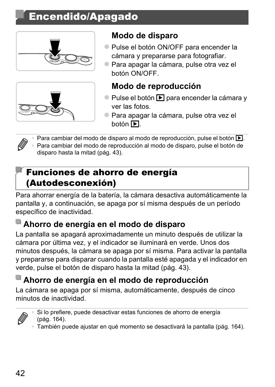 Encendido/apagado, Funciones de ahorro de energía (autodesconexión), 42 modo de disparo | Modo de reproducción | Canon PowerShot D20 User Manual | Page 42 / 221