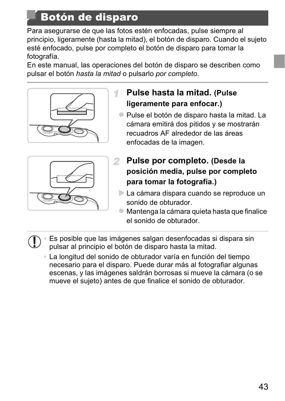 Botón de disparo, D (pág. 43), Hasta la mitad (pág. 43) | Canon PowerShot D20 User Manual | Page 43 / 221