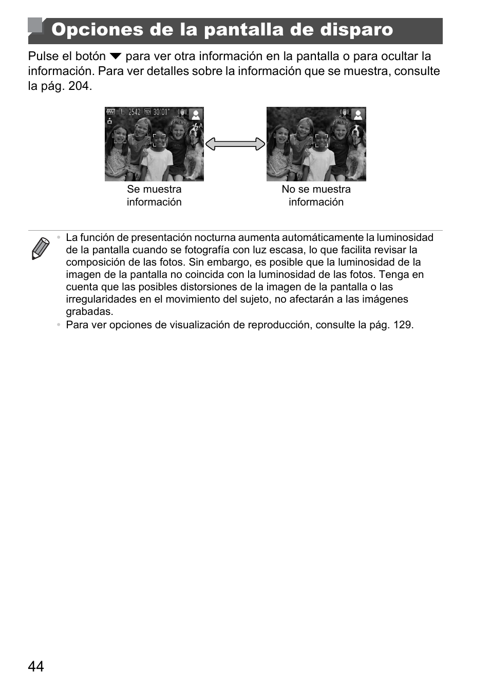 Opciones de la pantalla de disparo | Canon PowerShot D20 User Manual | Page 44 / 221