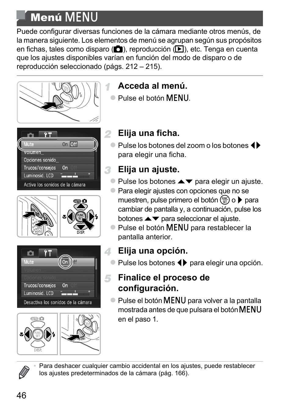 Menú menu, Menú, Menú n | Acceda al menú, Elija una ficha, Elija un ajuste, Elija una opción, Finalice el proceso de configuración | Canon PowerShot D20 User Manual | Page 46 / 221