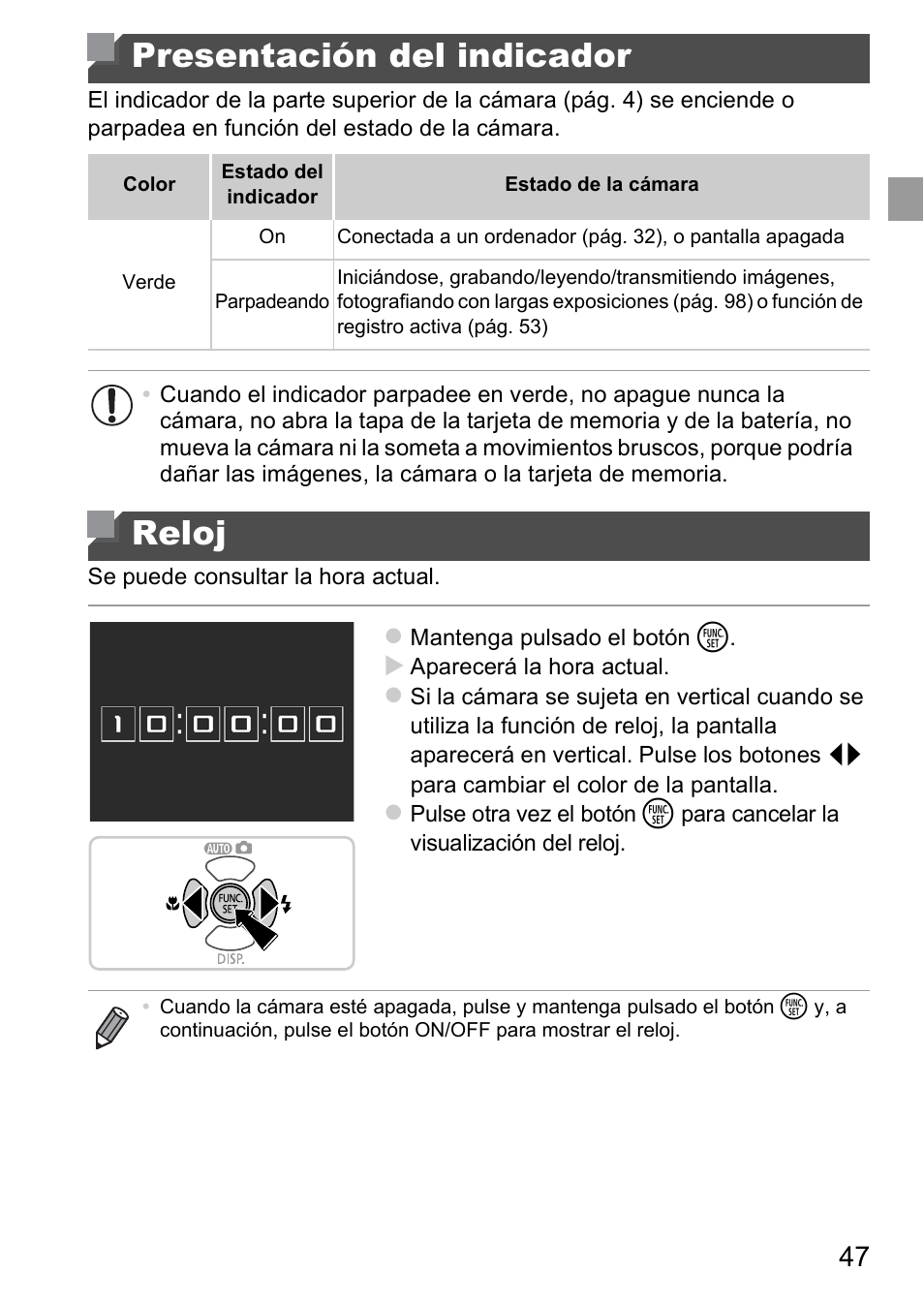 Presentación del indicador, Reloj, Presentación del indicador reloj | Canon PowerShot D20 User Manual | Page 47 / 221
