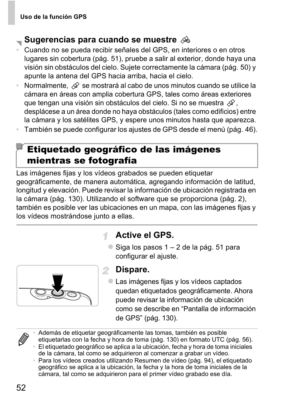 Active el gps, Dispare, Sugerencias para cuando se muestre | Canon PowerShot D20 User Manual | Page 52 / 221